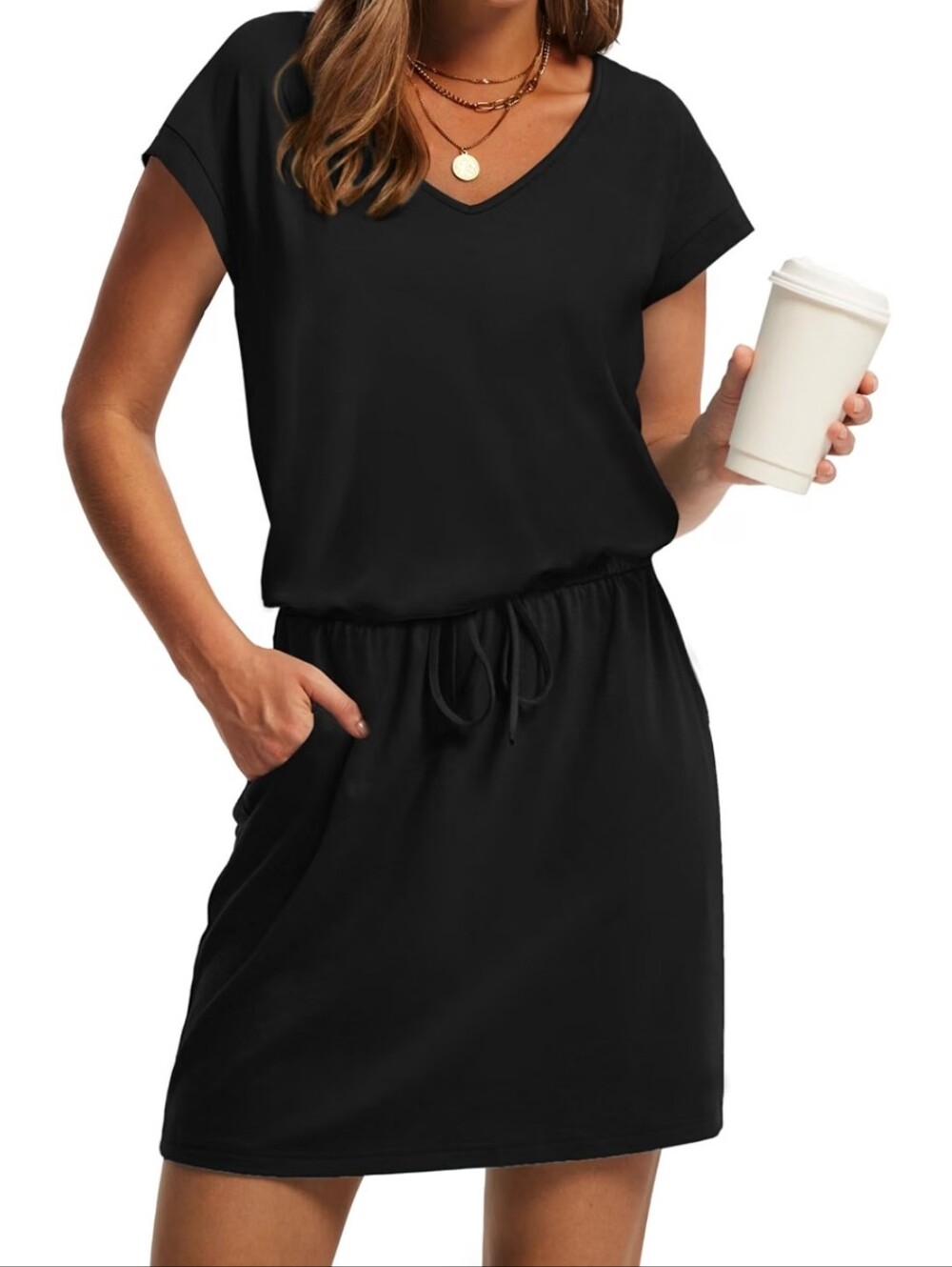 Women's Black V-Neck Drawstring Mini Dress